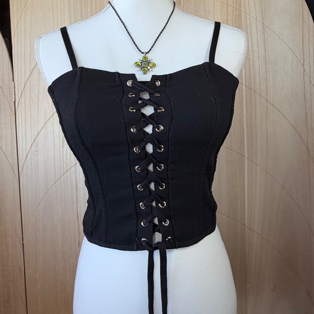 Iris Corset Top S Black Lace Up Front Back Zip Cami IT9336 Goth Grunge Edgy